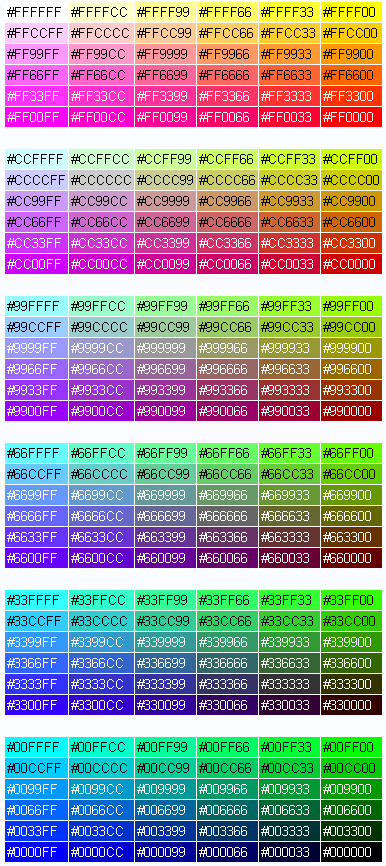 216 Web Safe Color Chart